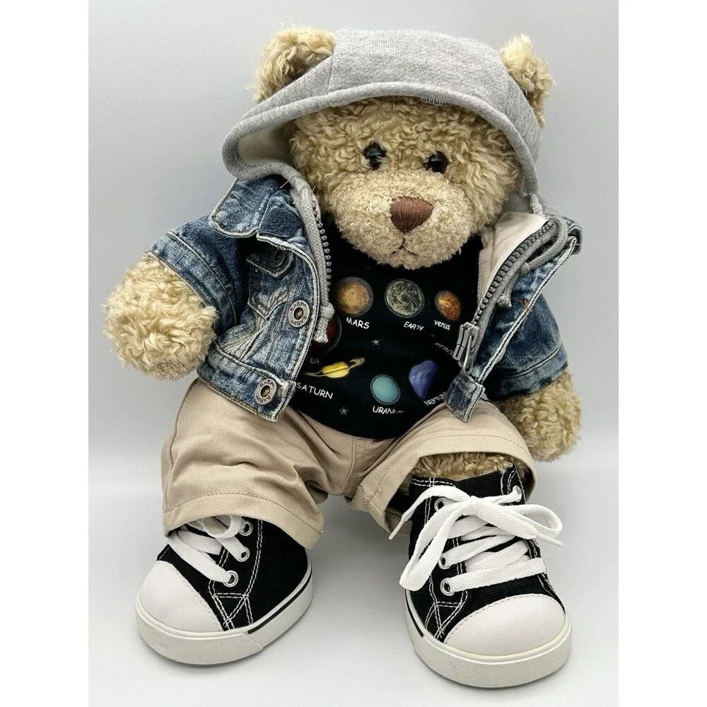 Build-A-Bear Workshop Curly Teddy Bear Denim Jacket Hoodie Outfit Shoes Plush